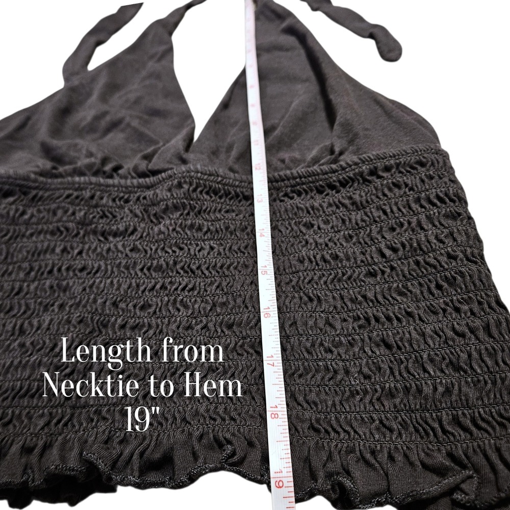 American Eagle Y2K Halter Top XS Black Smocked Ruffle Stretch Crop Cami Tie Neck - Picture 6 of 11